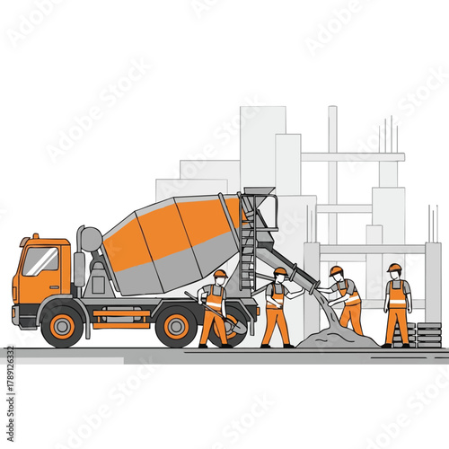 Construction workers pouring concrete from a cement truck at a building site, illustrating teamwork and the construction process.