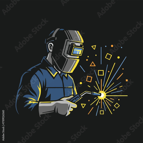A skilled welder, protected by a helmet, meticulously works with a welding torch, creating sparks and light against a dark background.