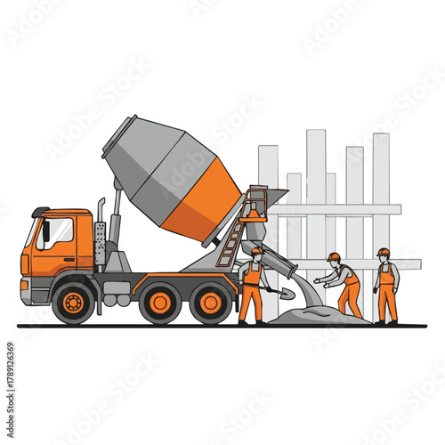 An illustration depicts a concrete mixer truck pouring cement at a construction site, with workers assisting in the process.
