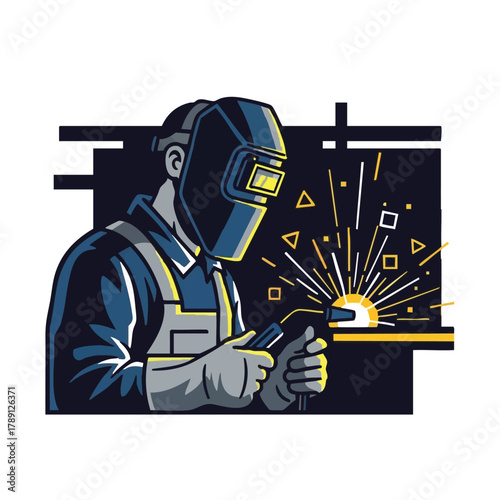 A skilled welder carefully works with metal, creating sparks and a bright light while wearing protective gear in a stylized illustration.