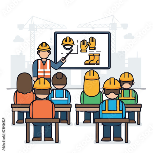A construction worker leads a safety training session, explaining essential protective gear to a group of attentive colleagues in a classroom setting.