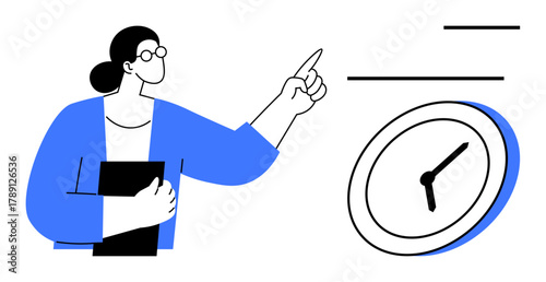 Woman holding a folder and pointing toward information with a clock nearby. Ideal for time management, efficiency, planning, deadlines, productivity, organization, task prioritization. Simple flat