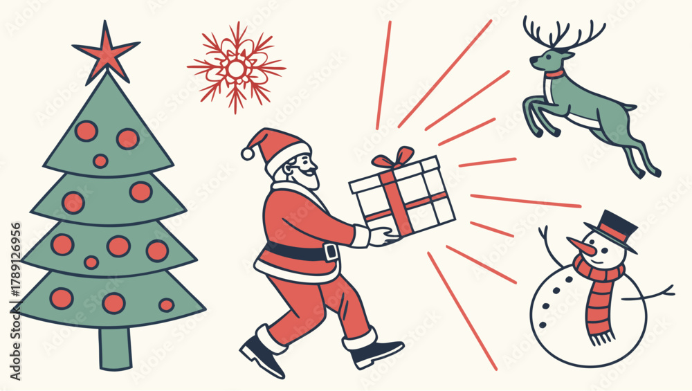 Naklejka premium Christmas illustration showcasing winter symbols including reindeer, mittens, stockings, hot chocolate mug, snowy cabin, wrapped presents, snowman, and pine wreath in a warm holiday palette