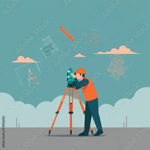A surveyor is depicted using surveying equipment outdoors, with architectural plans and clouds in the background, representing precision in construction and planning.