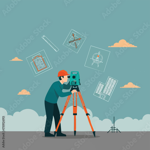 A surveyor uses a theodolite to measure angles and distances for mapping, with architectural plans and building outlines in the background, under a cloudy sky.
