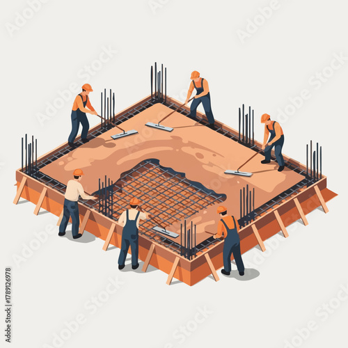 A construction crew is depicted working on a concrete foundation with rebar reinforcement, using trowels to smooth the surface in an isometric view.