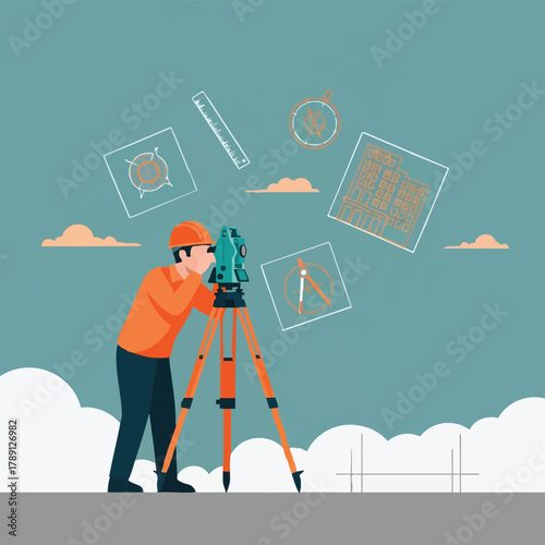 An engineer in an orange shirt and hard hat uses surveying equipment to create building plans against a teal background with cloud-like shapes.