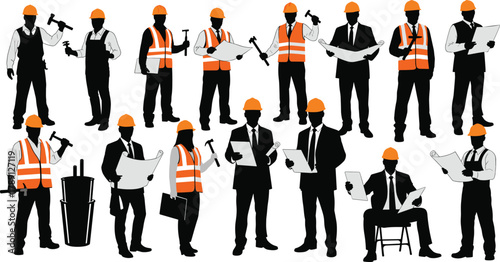 Construction and business silhouettes, hard hat and suit team, blueprint and tool poses, collaboration theme, black figures, digital art, white background