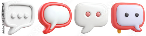 White chat bubble icon with red border, 3D rendering, isolated, communication, modern, playful
