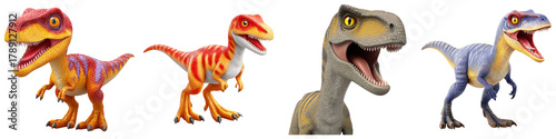 Cartoon velociraptor dinosaur with open mouth, sharp teeth, skin, happy expression
