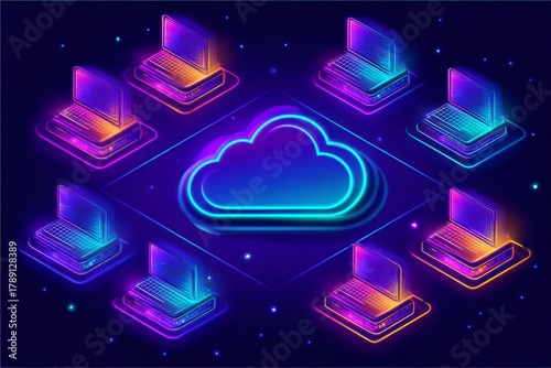 Cloud Computing & Server Network: A conceptual illustration showing a cloud surrounded by a network of servers, representing interconnectedness and data management in a digital landscape. 