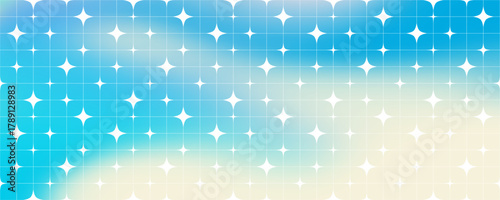Y2k Background with Star Sparkle Pattern. Blue Gradient Gradation Bg with Simple Geometric Shine Stars. Vector Y2k Galaxy with Grid Lines.