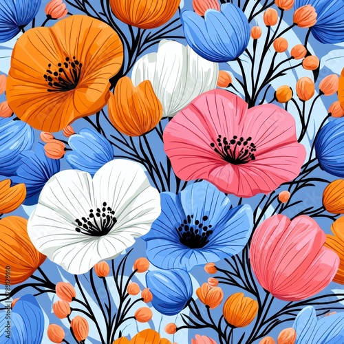 Vibrant Seamless Poppy Pattern Pink, Orange, Blue and White Flowers on Light Blue Background