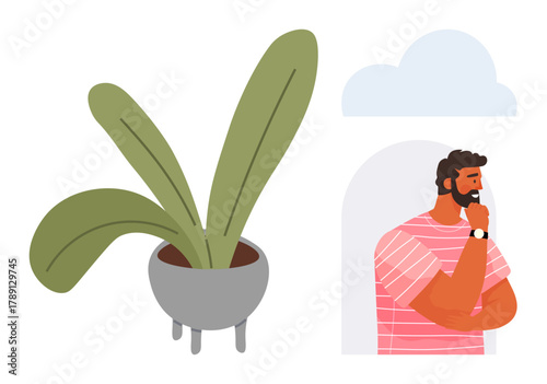 Pondering man looks out window framed by cloud and greenery, suggesting reflection and calm. Ideal for mindfulness, introspection, nature, relaxation, creativity, lifestyle, simple flat metaphor