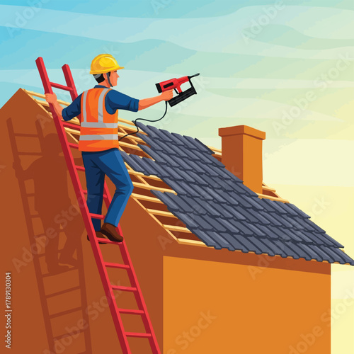 A construction worker on a ladder is depicted using a nail gun to install shingles on a roof under a bright blue sky, indicating a home improvement project.