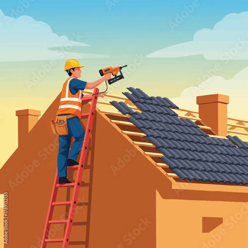 A construction worker wearing a hard hat and safety vest is installing roofing tiles on a house, standing on a ladder against a blue sky backdrop.