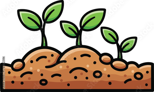 Three Green Sprouts Growing In Brown Soil And Dirt Under Natural Lighting