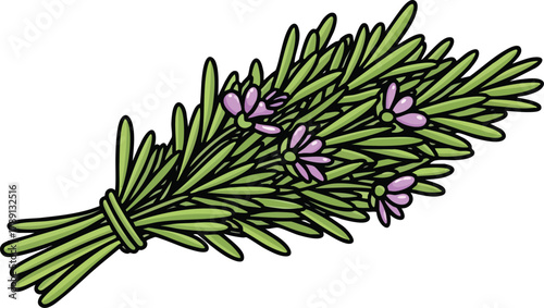 A Bunch of Fresh Green Rosemary Sprigs With Tiny Purple Flowers Tied With Twine