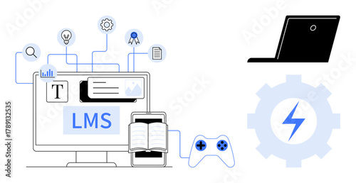 Desktop screen with LMS, open book, tablet, gaming controls, gear with thunderbolt, and laptop. Ideal for e-learning, technology innovation teaching training gamification and efficiency. Minimal