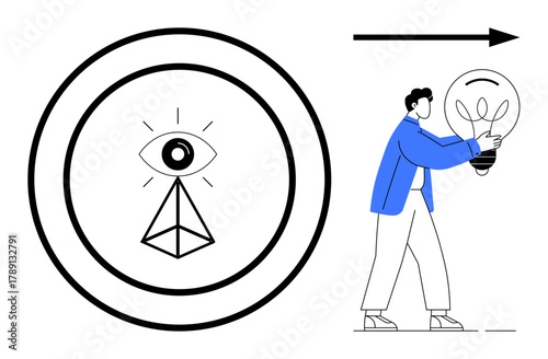 Man holding light bulb walking forward with an arrow beside, near an all-seeing eye inside geometric circles. Ideal for creativity, progress, vision, innovation, leadership, decision, simple flat
