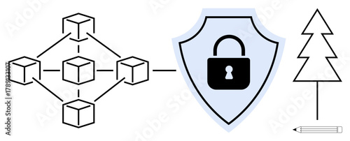 Blockchain network connected to a padlock shield for security, alongside a tree and pencil symbolizing sustainability and innovation. Ideal for technology, security, network, sustainability
