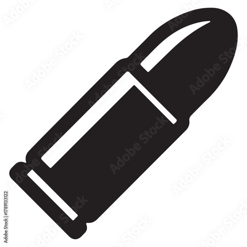 Black silhouette of a single bullet on a white background