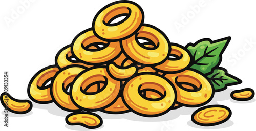 Pile of golden onion rings with fresh green leaves and scattered pieces on white background pixel art style