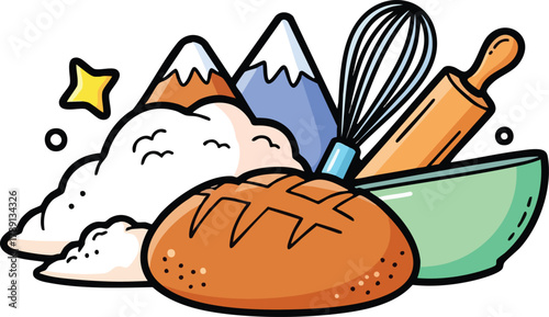 Whimsical Illustration of Baking Ingredients with Mountains and Stars