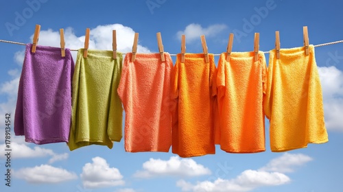 Vibrant garments in open air: A lively row of colorful garments, meticulously hung from a clothesline, dances gracefully against the backdrop of a bright blue sky.