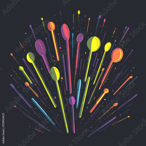 Colorful spoons with explosive abstract burst on dark background