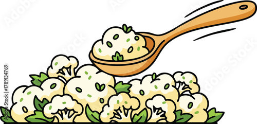 Illustration of Fresh Cauliflower Florets Served on a Wooden Spoon with Green Garnish