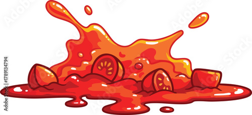 Pixel Art Tomato Splatter With Sliced Tomatoes On White Background