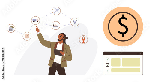 Man holding tablet connecting logistics icons for supply chain, warehouse, delivery, and technology. Dollar sign and checklist reinforce concepts. Ideal for business, planning, e-commerce, logistics