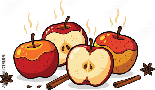 Warm baked apples with cinnamon sticks and star anise steam rising white background isolated