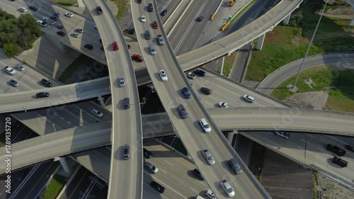 Aerial Drone Flyover of Busy Austin Freeway Interchange with Ongoing Construction