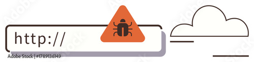 Red alert triangle with bug icon inside URL bar signifying malware threat, web vulnerability, cyber risk. Ideal for cybersecurity, hacking prevention, online safety, browser warning, internet