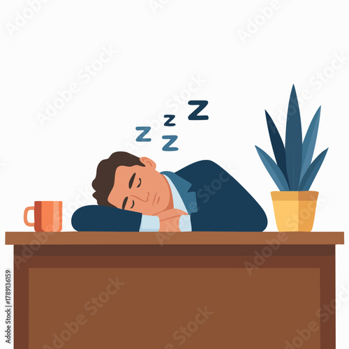 Sleeping office worker rests at desk leaning on arm surrounded by zzz vector