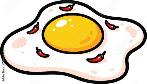 A Fried Egg With Red Chili Peppers Garnished On White Background
