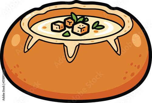 Cartoon Bread Bowl Filled With Creamy Soup Garnished With Croutons and Herbs