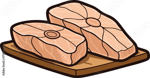 Two Raw Salmon Steaks on a Wooden Board Isolated on White Background