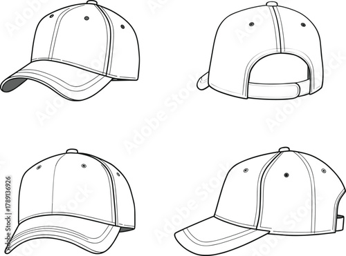 Set of four baseball cap technical flat drawings showing front, back, and two side views for apparel design, technical pack, and product mockup template.