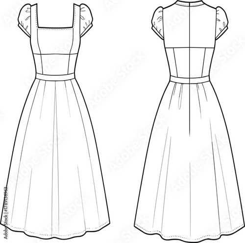 Technical fashion flat drawing set showing front and back views of a midi-length dress with a square neckline, fitted bodice, and puff sleeves.