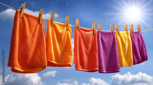 Colors in the Sky: A vibrant display of colorful towels, gently swaying in the breeze, clipped to a clothesline under a radiant sun. Capturing a simple, cheerful scene of domestic life.