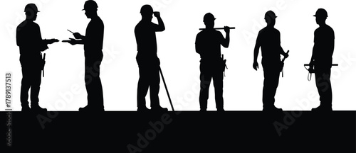 Construction worker silhouettes, hard hat team, blueprint and device poses, gesture and planning stance, black figures, engineering theme, digital art, white background