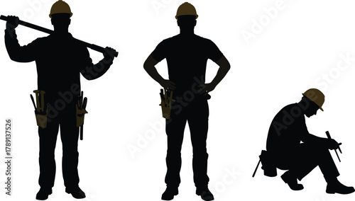 Construction worker silhouettes, hard hat poses, tool belt team, standing and squatting figures, black shapes, labor theme, digital art, white background