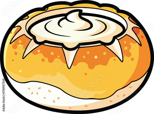 Round loaf of bread filled with creamy dip and garnished with swirls