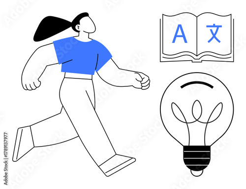 Confident woman walking forward near open book with multilingual characters and lightbulb. Ideal for education, learning, progress, creativity, innovation, personal growth, motivation. Simple flat