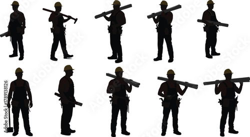 Construction worker silhouettes, hard hat team, tool and equipment poses, sledgehammer and pipe stance, black figures, labor theme, digital art, white background