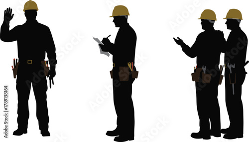 Construction worker silhouettes, hard hat team, clipboard and gesture poses, tool belt crew, teamwork and discussion, black figures, digital art, white background