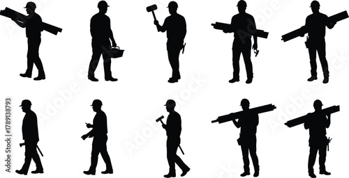Construction worker silhouettes, hard hat team, toolbox carrier, plank lifter, hammer grip, walking pose, safety gear, black background, labor roles, building site tools